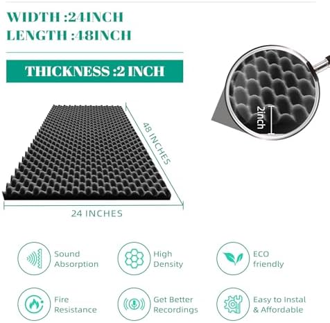 2 Pack 48" X 24" X 2" Sound Proof Foam Panels for Walls, High-Density Egg Crate Acoustic Foam for Noise Reduction & Echo Control in Home Studio, Recording Room, Office