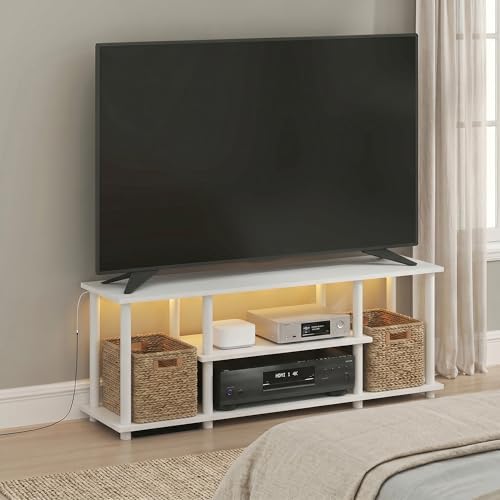 Furinno Turn-N-Tube 3-Tier No Tools TV Stand with LED Lights, White | for TV up to 50 Inch, Open Frame Entertainment Center, TV Console for Living Room, Bedroom