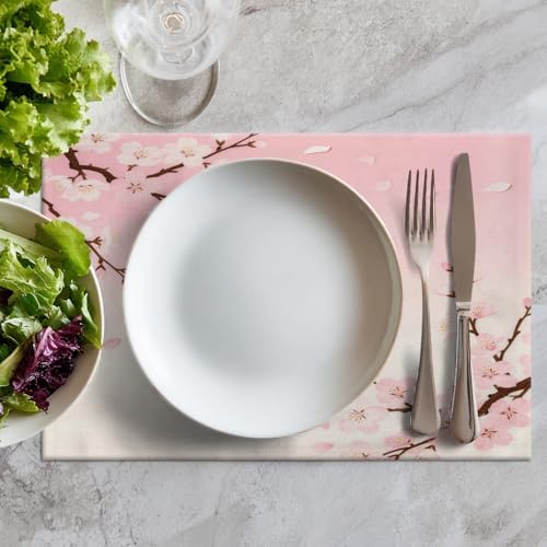 Batmerry Pink Cherry Blossom Linen Placemats Set of 4, Delicate Spring Blossoms Washable Table Mats for Kitchen Table Thickened Heat Insulation Dining Set Indoor Outdoor 12X18 in