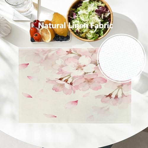 Batmerry Vintage Cherry Blossom Linen Placemats Set of 6, Delicate Watercolor Pink Flowers Washable Table Mats for Kitchen Table Thickened Heat Insulation Dining Set Indoor Outdoor 12X18 in