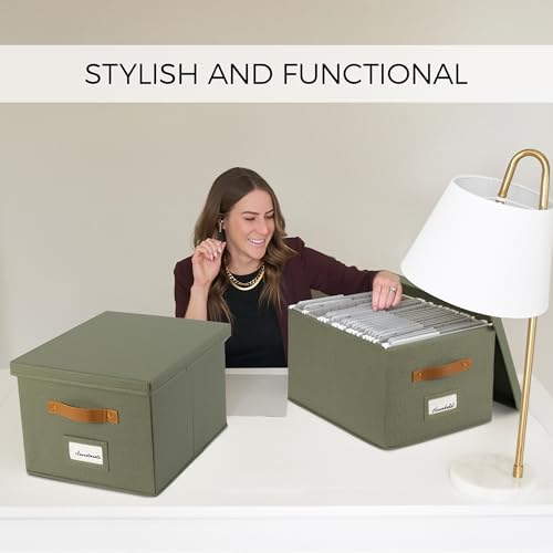 Decorative File Organizer Box Set of 2 - Collapsible Linen Filing Cabinets | Stores Documents and Hanging File Folders - Portable Office Crates with Lid and Handles for Easy Slide Access