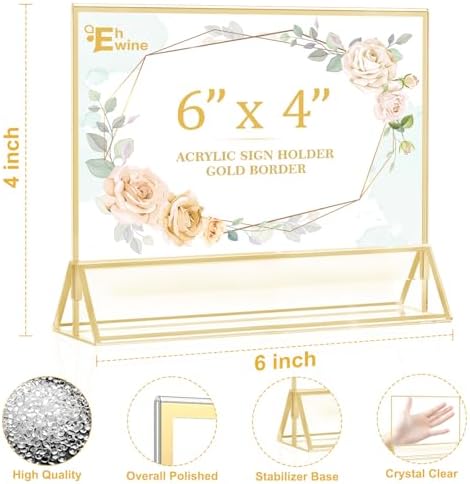 EHWINE 12 Pack Acrylic Sign Holder 4 x 6 Horizontal, Double-Sided Stand up Table Top Sign Holders, Gold Acrylic Picture Frame Menu Flyer Paper Holder Display Stand for Office Business Store Wedding Party