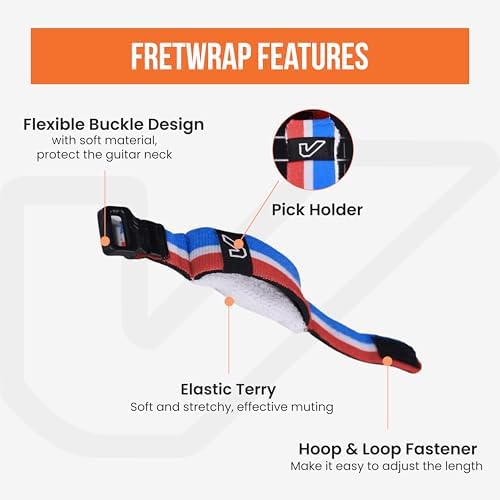 Gruv Gear Fret Wrap & Guitar Mute, Fretwrap for Acoustic, Electric & Bass | String Dampener Recording, Tapping & Practice Accessory (1 Pack, Large Red/White/Blue, Fits 6 String Bass, 8 String Guitar)