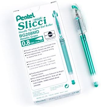 Pentel Arts Slicci Metallic 0.8 mm Needle Tip Gel Pen, Metallic Green Ink, Box of 12 (BG208-MD)