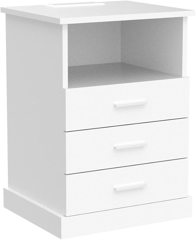 Halitaa Nightstand with Charging Station, LED Lights Side Table with 3 Drawers, End Table for Bedroom Ofiice White 2 Set