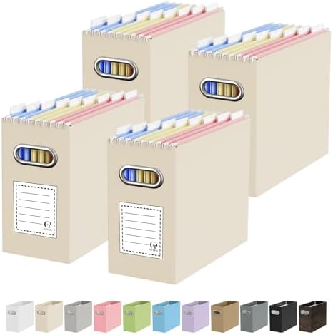 Oterri Portable Cardboard File Box for Hanging Folders Letter-Size Beige | 4-Pack. Stainless Steel Handle. Label Stickers Included. Fits Letter Folders (Not Included). Home, Office, School, Dorm