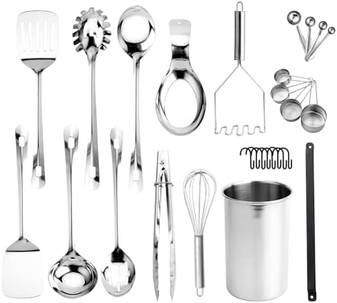 COOK WITH COLOR Kitchen Utensil Set - premium Nonstick & Heat Resistant Kitchen Gadgets, Turner, Spaghetti Server, Serving Spoons, Whisk, Tongs, Masher & Utensil Holder, 28-piece Stainless Steel