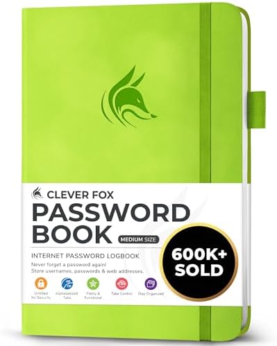 Clever Fox Password Book with Alphabetical Tabs, 5.3"x7.7" Keeper Green