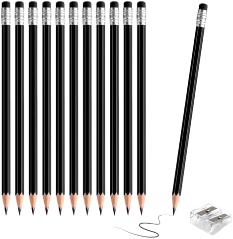 12 PCS Black Pencils with Eraser, Pre-Sharpened HB Pencils for Writing & Drawing, School Supplies for Kids Homework, Tests, Art Crafts & Teacher Grading (Black)