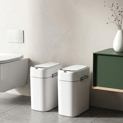 FDW 2.2 Gallon Bathroom Trash Can with Lid,Automatic Sensor Plastic Waste Bin Slim and Small Trash Can for Living Room,Bedroom,Office (Pack of Two)