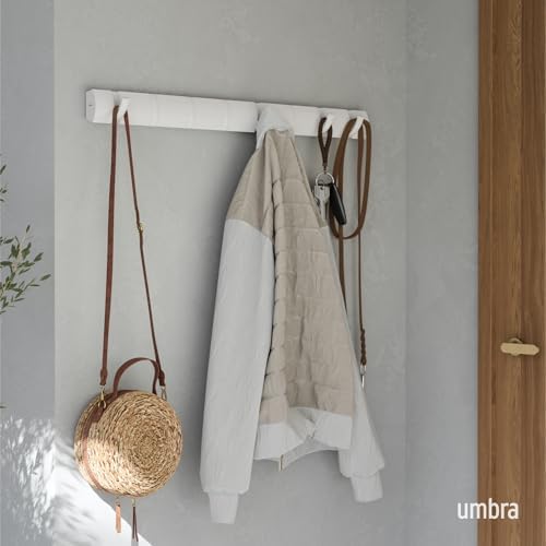 Umbra Flip Coat Rack, Wall Mount 8-Hook, Space Saving, White/Nickel