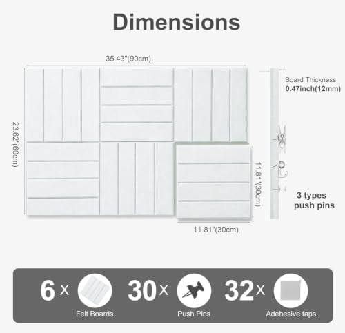 0.47" Thick Felt Wall Tiles 36"x24" Cork Board Alternative 6 Pack 11.81"x11.81"Felt Bulletin Board Pin Board with Removable Adhesive Tape&30 Pushpins for Home Office School(Bold-White)