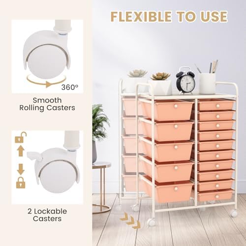 COSTWAY 15 Drawer Rolling Storage Cart, Mobile Utility Cart with Lockable Wheels, Drawers, Multipurpose Organizer Cart for Home, Office, School, Peach