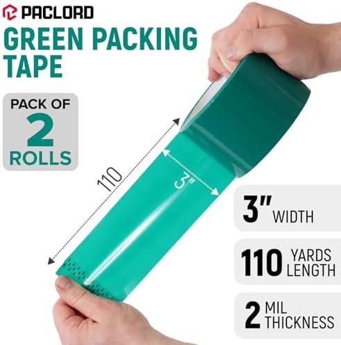 3" x 110 Yards Green Packing Tape, 2 Rolls - 2.0 Mil Carton Sealing Tape