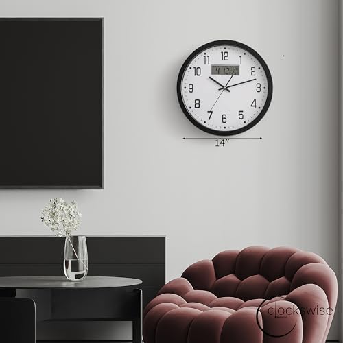 Clockswise 14-inch Wall Clock, Non-Ticking Analog & Digital with Temperature Display Battery Powered, Silent Operation, Switchable Time and Date - Perfect for Classroom Office Bedroom and Study, Black