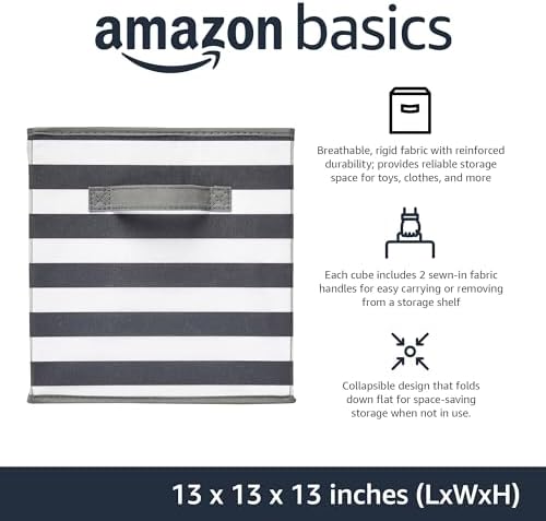 Amazon Basics Collapsible Fabric Storage Bins with Handles, Cube Organizer for Organizing, 13"x13"x13", White/Light Grey Stripe, 6-Pack
