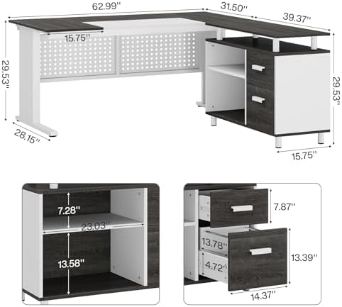 Tribesigns 63 Inch Executive Desk with File Cabinet, L Shaped Office Desk with Drawers and Storage Shelves, Business Furniture Set Workstation for Home Office, Gray and White
