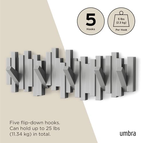 Umbra Sticks Wall Mount Coat Rack, 5 Hook Retractable Pegs, Grey