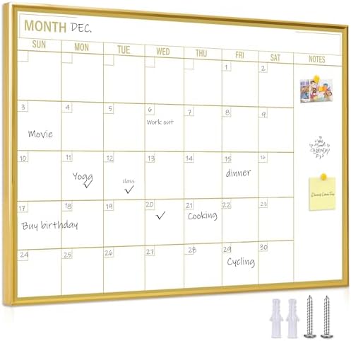 Gold Dry Erase Calendar Whiteboard for wall-18 x24’’,Portable Aluminum Frame,Magnetic Calendar White Board,Wall Planner Dry Erase Board for Office, Kitchen, School, Home-GG-4560