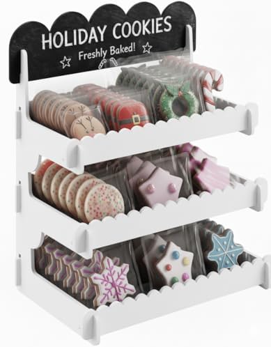 HOTCAN Wooden Cookie Display Stand with Chalkboard Sign for Bakers, Vendors, Craft Fairs | Pastry Display for Market Booths & Events | 3 Tiered Cookie Display for Muffins, Cakes, and Pastries (White)