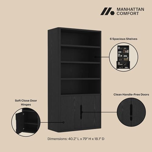Manhattan Comfort Rivington Bookshelf, 79" Tall 4 Open Shelve Bookcase with Adjustable Shelves, and Soft Close Doors for Living Room or Home Office, Rounded Corner Storage Cabinet, Set of 2 in Black