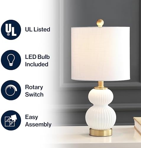 JONATHAN Y Daphne Ribbed Gourd Metal/Glass Table Lamp 20", White/Brass Gold