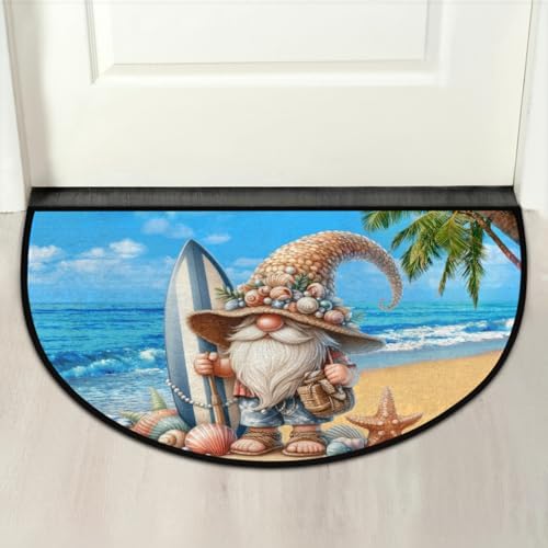 Pardick Cute Dwarf Beach Surfing Half Round Door Mat, Non-Slip Welcome Indoor Entrance Way Rug Semi Circle Front Doormats Washable Bathroom Kitchen Floor Mat, Outdoor Rugs for Patio, Hearth Rug