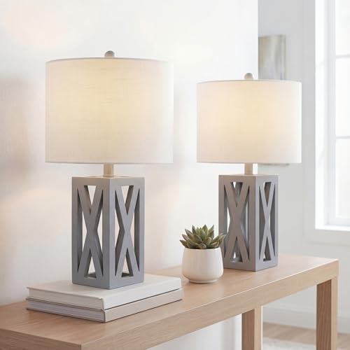 JONATHAN Y Stewart Rustic Wood Bedside Table Lamp 21.5", Gray, Set of 2