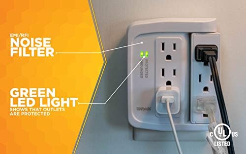 Southwire Woods 6 Space Saver Swivel Wall Tap - 3 Rotating Outlets - 500J Appliance Surge Protector - cULus Listed - White