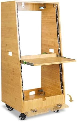 Sound Town DIY Solid Carbonized Bamboo Slanted 20U Studio Rack (12U Top + 8U Lower), with 2U Bottom Storage, Slide-Out Tray, Caster, For Recording Room, Home Studio (STBR-ST20T)