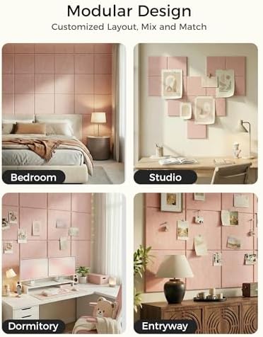 Aothia Felt Bulletin Board Tiles, 12-Pack 48"x36" Large Pin Board for Wall, Modern Cork Board Alternative for Notes, Photos, Memo & Office Organization, 70 Adhesive Tabs & 40 Push Pins, Pink