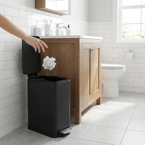PrecisionAuto Slim Bathroom Trash Can with Soft Close Lid, 10 Liter / 2.6 Gallon Stainless Steel Step Garbage Can with Removable Inner Bucket, Narrow Trash Bin for Toilet Bedroom Kitchen, Black
