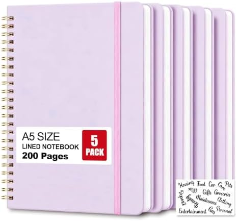 5 Pack Hardcover Spiral Notebooks, 8.3" x 6.3" Lined Journal Set, 100 GSM Bleed-Resistant Paper, 200 Pages Twin-Wire Bound Notebook with Elastic Band & Category Stickers for Office, School