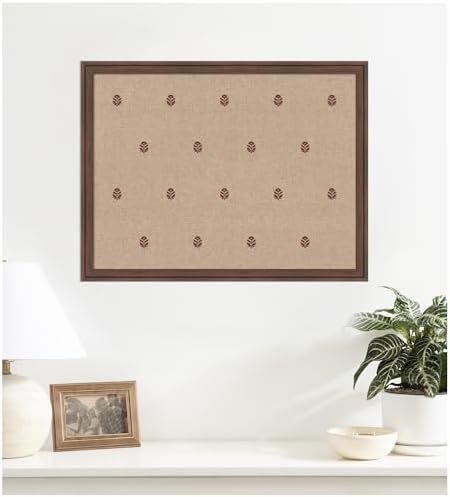 Kate and Laurel Framed Fabric Pinboard 26 x 20, Red Botanical Block Print Printed Linen Classic Bulletin Board for Use as a Vision Board or Wall Organization, Florence Medium Brown Frame