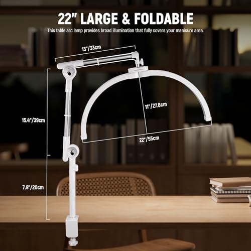 NEEWER Basics 22" Half Moon Lash Light with Articulating Desk Clamp Mount Stand/Phone Holder, 32W Foldable LED Nail Tech Table Arc Lamp for Makeup Beauty Tattoo Overhead Video Recording, HM03-D