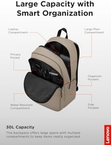 Lenovo 16-inch Commuter Backpack B10, Lightweight 30L Laptop Backpack, Water-Resistant Travel Bag with 6 Storage Compartments, Anti-Theft Pocket & Luggage Strap, Fits Up to 16" Laptop, Khaki