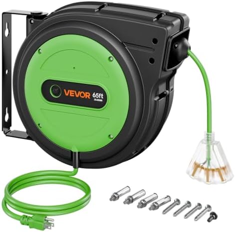 VEVOR Retractable Extension Cord Reel 65FT Heavy Duty 12AWG/3C SJTOW Green