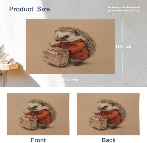 Batmerry Hedgehog Delivery Mail Linen Placemats Set of 4, Cute with Bag Washable Table Mats for Kitchen Table Thickened Heat Insulation Dining Set Indoor Outdoor 12X18 in
