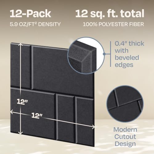 Acoustic Panels 12-Pack Soundproof Wall Panels 12"x12"x0.4" Decorative Sound Dampening for Your Home, Office, Studio, Bedroom & More with Unique GridFrame Carving [Dark Gray]