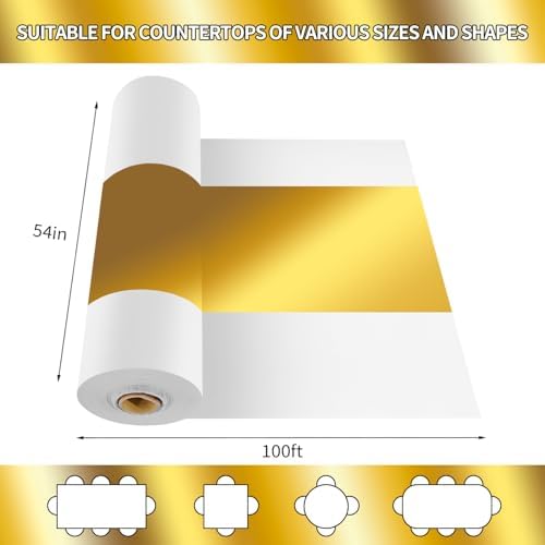 CXPSINC 54 Inch X 100 Feet Plastic Table Cover Roll Disposable Tablecloth with Slide Cutter for All Type/Shape Tables | Party, Banquet, Birthdays, Weddings(White & Glod, 100 Feet)