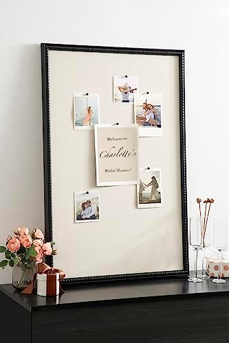 Kate and Laurel Makenna Framed Linen Fabric Pinboard; 24 x 36; Black; Traditional Beaded Bulletin Board for Vintage Home Wall Organization or Aspirational Vision Board