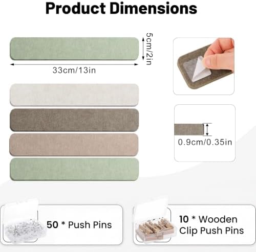 Thboxes 8 Pack Felt Bulletin Board Strips, 13x2 Inch Pin Boards with 50 Pushpins and 10 Wooden Clips Push Pins, Cork Board for Walls Home Office Decor, 24 Adhesive Tabs Included