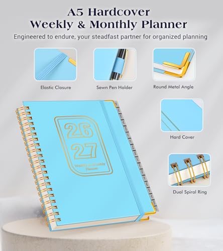 Academic Planner 2026-2027, Weekly and Monthly Hardcover Planner, July 2026 - June 2027, 5.75" x 8.38" A5 Large Daily Calendar Planner Book with Tabs, Spiral Yearly Agenda Organizer Notebook for School Work Home, Sky Blue