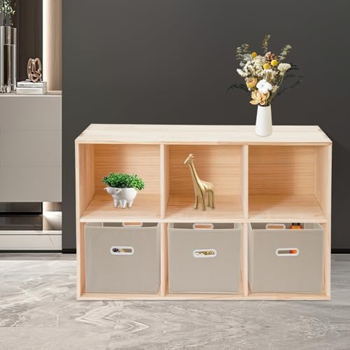 6 Cube Storage Organizer, Open Shelf Bookcase, Solid Wood Bookshelf with 3 Storage Bins, Vertical or Horizontal Book Shelf for Bedroom, Living Room, Office