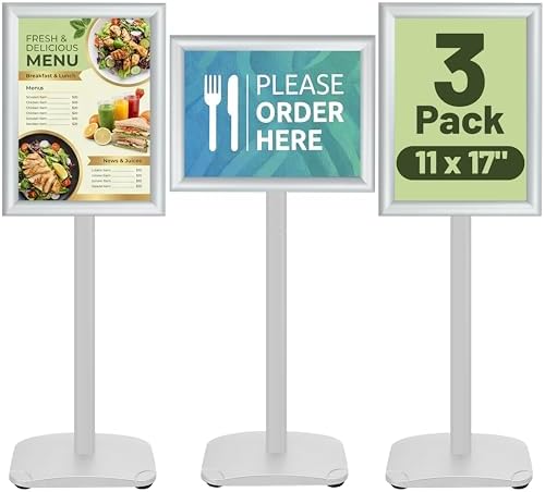 3-Pack Sign Holder Stand with Heavy Duty Base, 11x17 Inch Pedestal Floor Standing Menu&Poster&Signage Holder, Stand for Display Indoor/Outdoor Restaurant, Store, Advertising, Silver