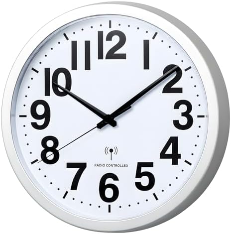 Wall Clock – 12" Atomic Analog Wall Clock with Large Numbers | Battery Operated, Radio Controlled with Automatic Daylight Saving Time | Silver Trim