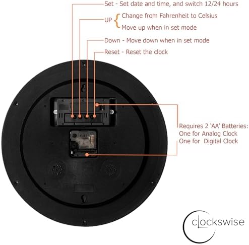 Clockswise 14-inch Wall Clock, Non-Ticking Analog & Digital with Temperature Display Battery Powered, Silent Operation, Switchable Time and Date - Perfect for Classroom Office Bedroom and Study, Black