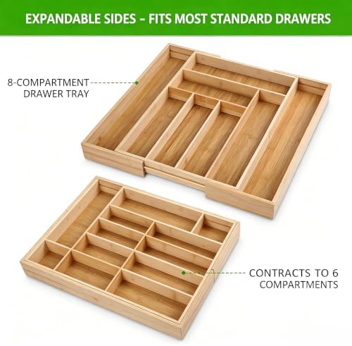 Extra Large Expandable Bamboo Silverware Drawer Organizer