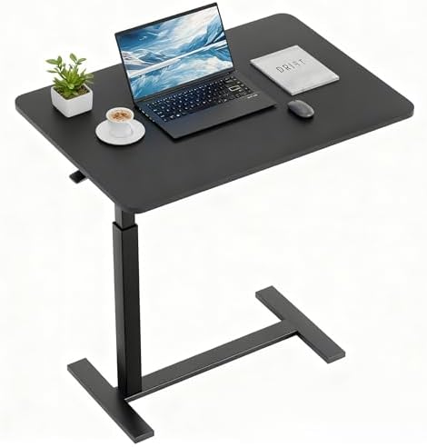 Overbed Bedside Table with Hidden Casters, Adjustable Pneumatic Mobile Laptop Computer Standing Desk, Rolling Laptop Table, Movable Overbed Table Hospital Home Use, Black