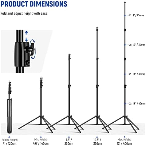 NEEWER 13ft/400cm Air Cushioned Light Stand, Heavy Duty Metal Photography Tripod Stand with 1/4” to 3/8” Reversible Screw Adapter and 3 Way Mounting Interface, Load Capacity: 6.5lb/3kg, ST-400AC